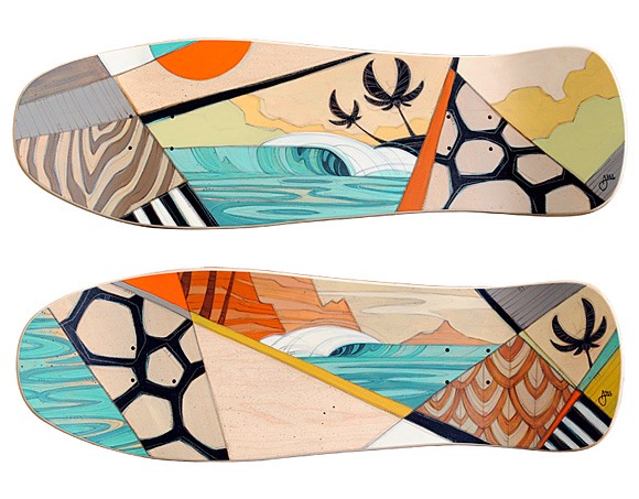 Skateboards painted by surf artist Erik Abel